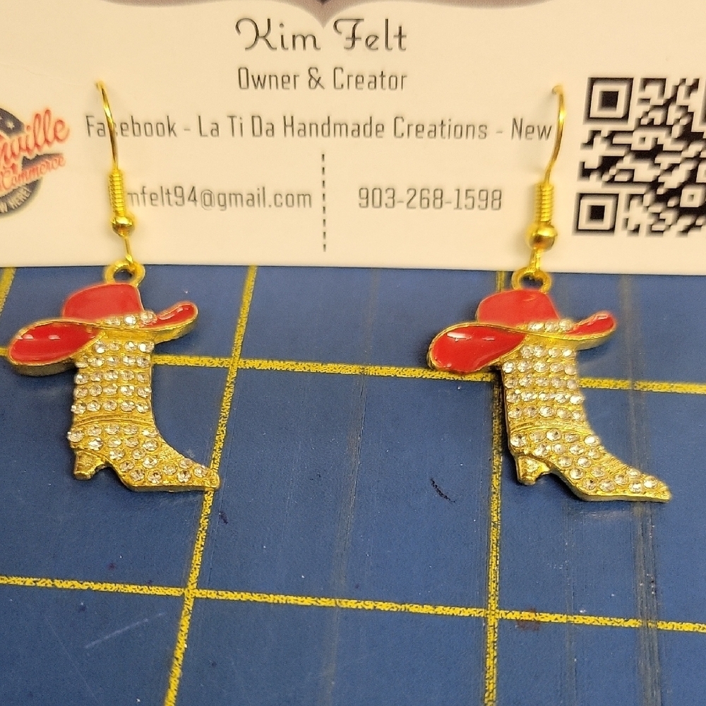 Red Rhinestone Gold Tone Cowboy Boot Earrings